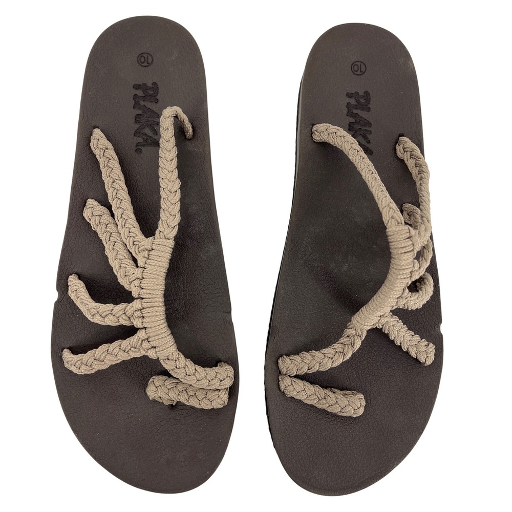 Plaka Braided Rope Sandals Womens 10 Brown Tan Excellent Flat Slip On Boho‎